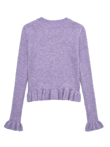 Yipinpay 2023 Purple Knitted Sweater Women Beaded Ruffle Cropped Sweater Woman Jumper Long Sleeve Knit Top Autumn Women's Pullover